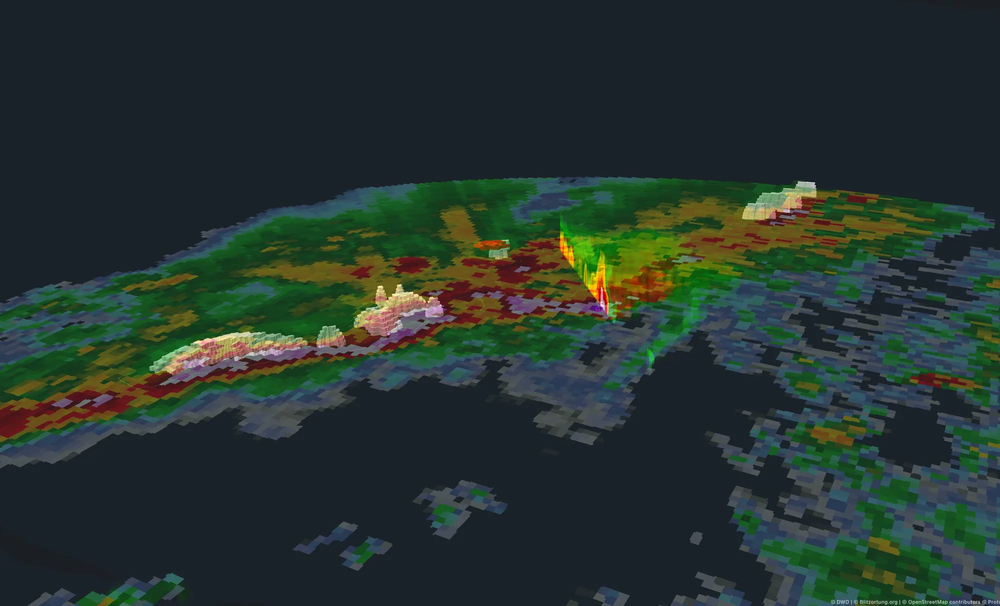 A thunderstorm rendered as a 3D radar volume above the North Sea