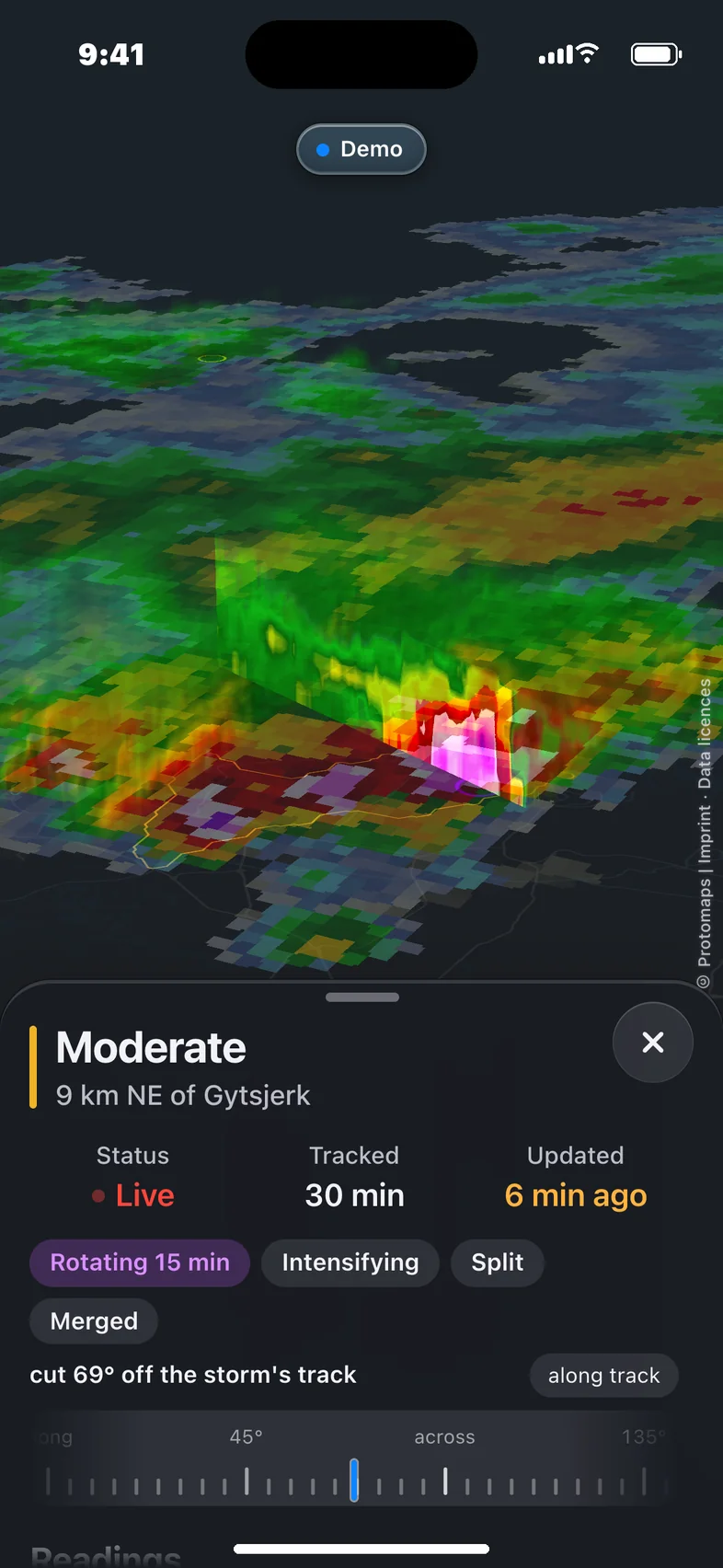 meteocool on a phone showing a storm in 3D