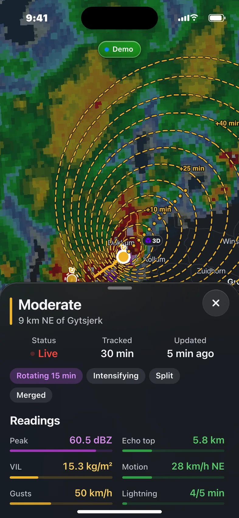 meteocool on a phone showing the radar and a storm cell's readings